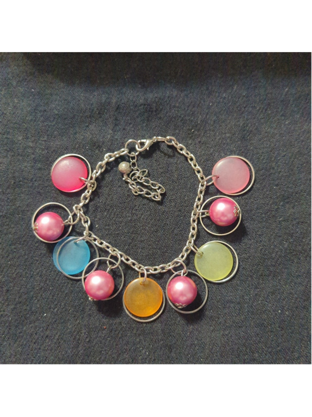 Silver Tone Pink Faux Pearl Multi-Color Charm Chain Link Statement Bracelet